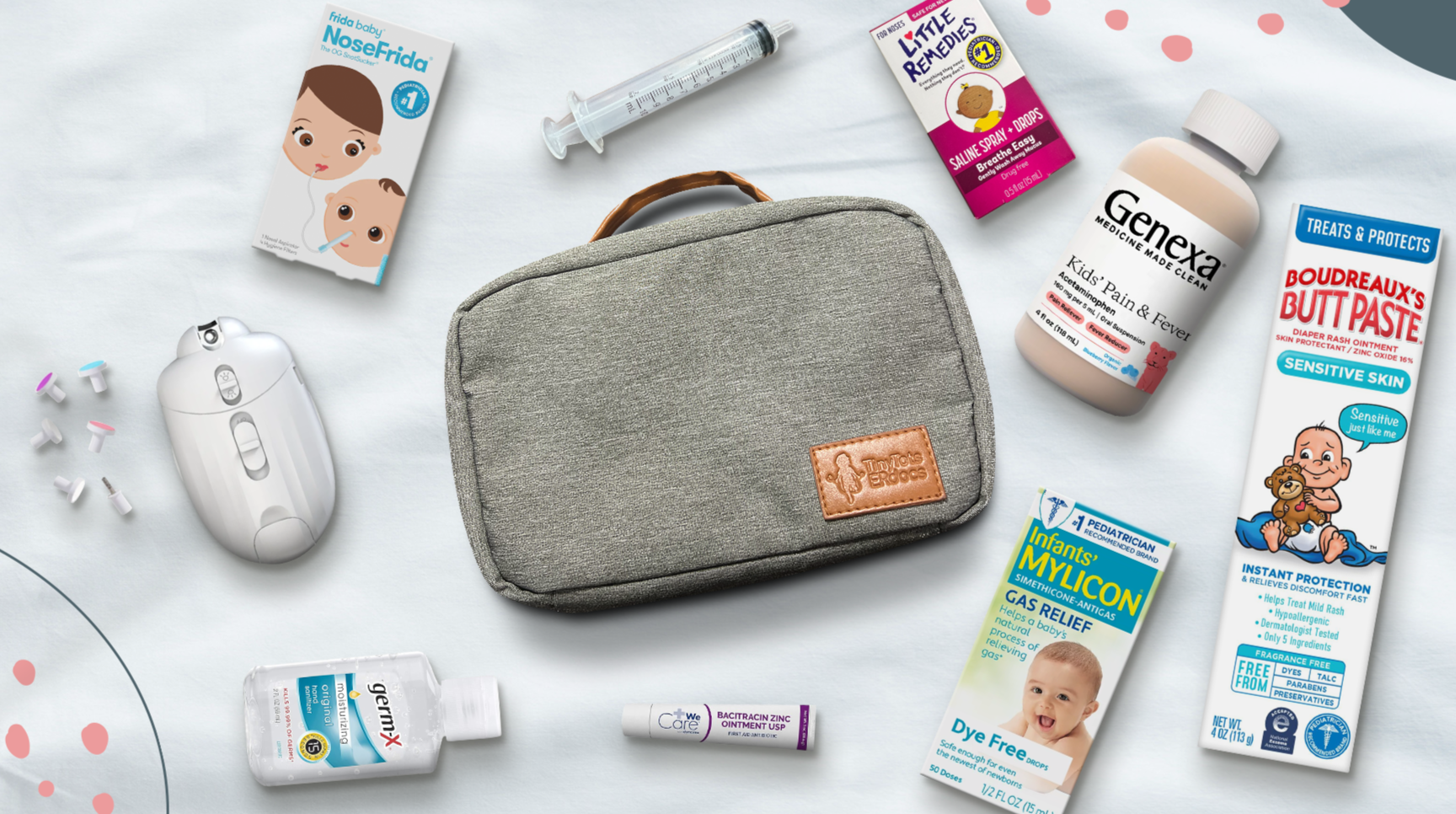 Image of the re-usable cloth bag carrier surrounded by the 9 additional products included in the kit.